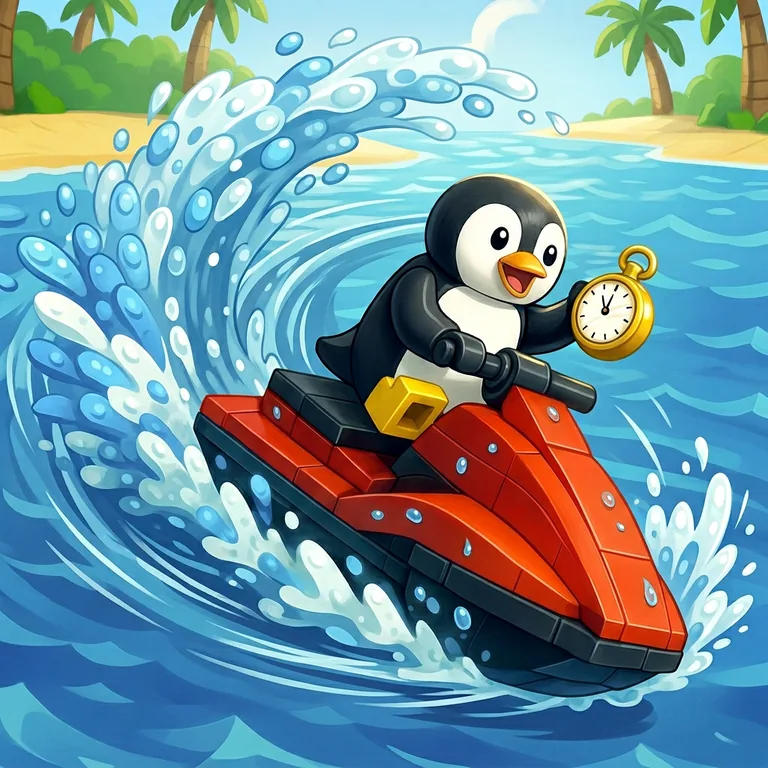 Pip the penguin riding his red LEGO jet ski across LEGO brick waves